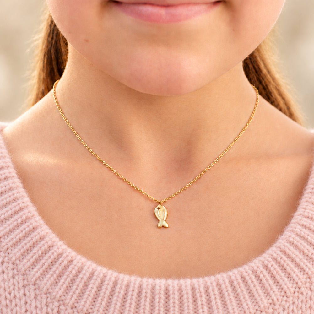 Vergoldete Kinder-Kette aus 925 Sterlingsilver mit stilisiertem Fisch Anhänger, hochwertiger Kinderschmuck für Mädchen und Jungen