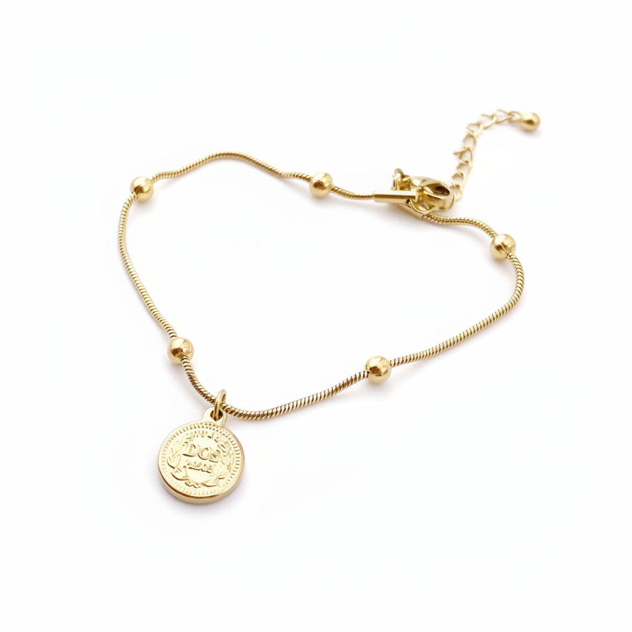 Goldenes Armband mit Münze Anhhänger aus wasserfestem Edelstahl mit Kugeln, Schlangenarmband für junge Frauen und Mädchen