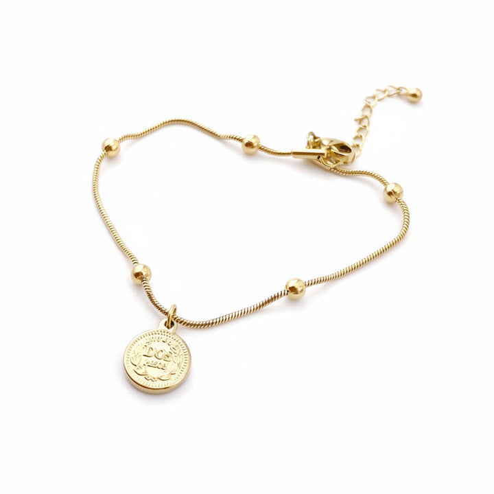 Goldenes Armband mit Münze Anhhänger aus wasserfestem Edelstahl mit Kugeln, Schlangenarmband für junge Frauen und Mädchen