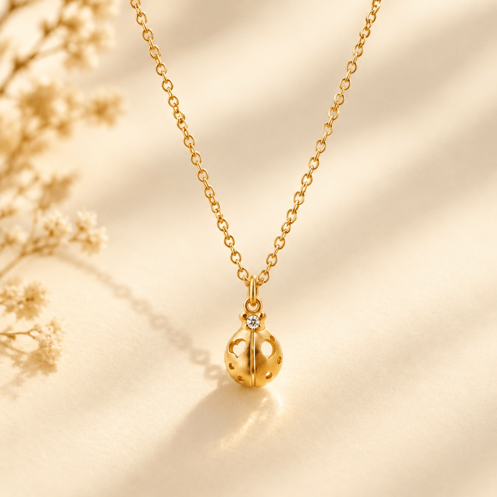 Gold necklace with ladybug pendant and stamped heart