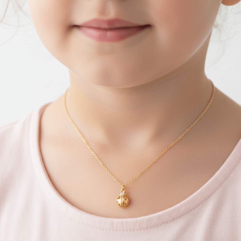 Marienkäfer Halskette gold mit Herz und Glitzerstein an Mädchen mit rosa Shirt, Schmuck von Alicia&