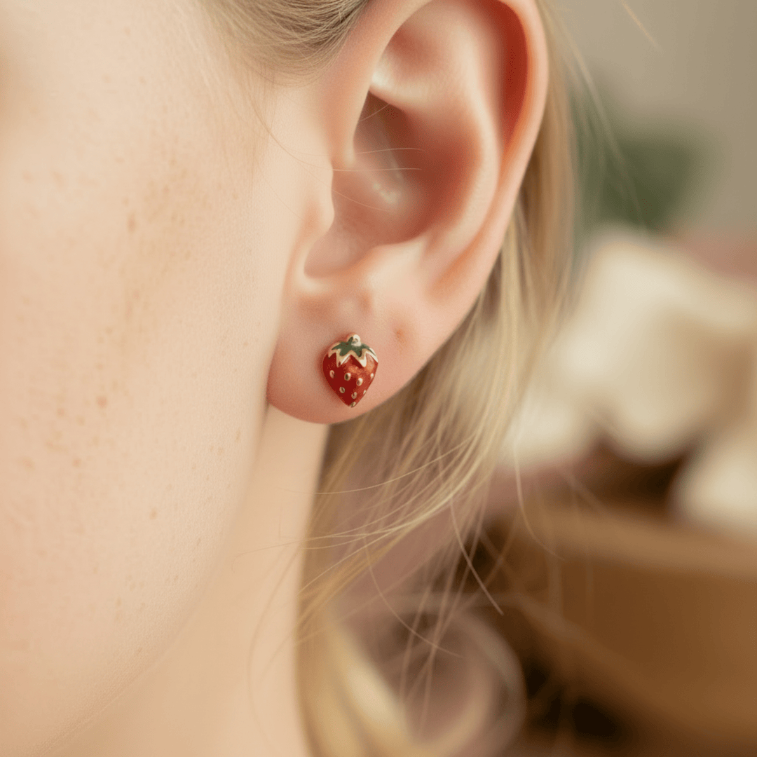 Goldene Kinder Ohrstecker mit Erdbeeren aus Emallie, 3D Ohrringe mit Früchten für Mädchen, Kinderschmuck aus 925 Silber