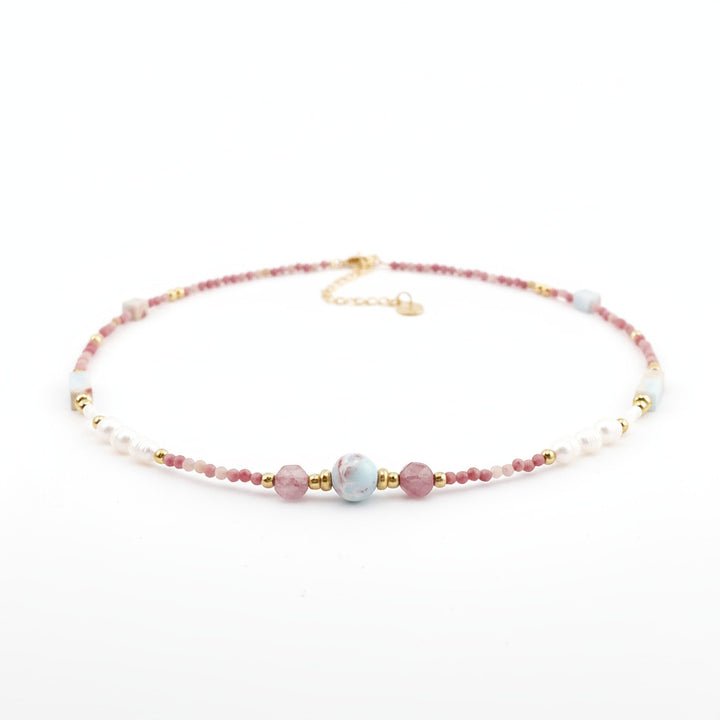 Kette rosa Turmalin, Vintage Edelstein Kette echt, Perlen Kette rosa mit goldenen Edelstahl Perlen, Pink Tourmaline Kette