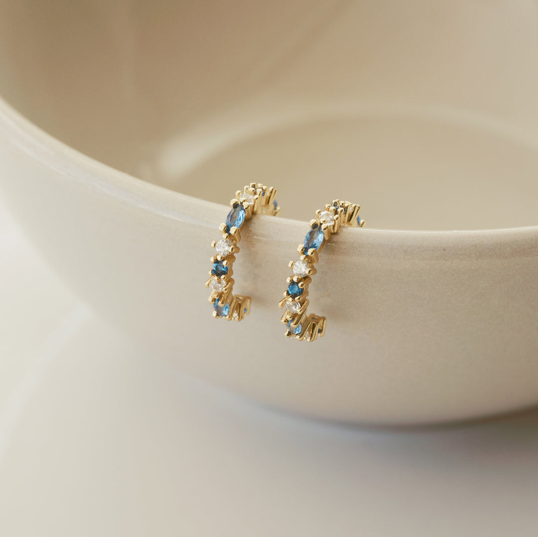 Small gold sparkly crystal hoops with blue stones in gold-plated 925 silver, jewelry for young women
