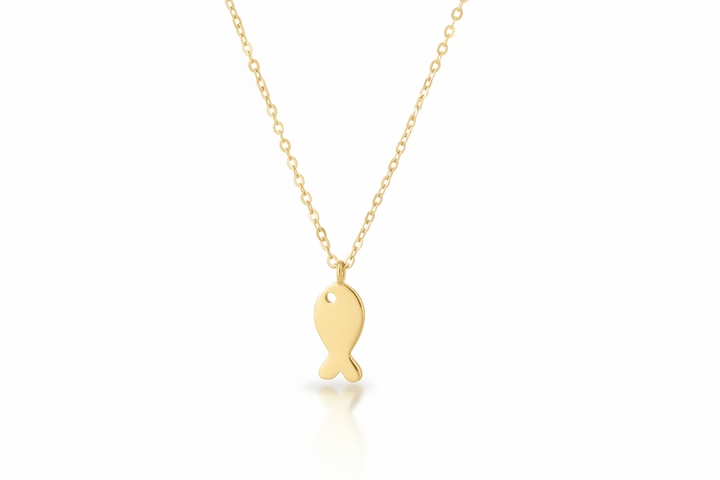 Goldene Halskette aus 925 Silber mit kleinem stilisierten Fisch Anhänger, Schmuck für Kommunion, von Alicia&