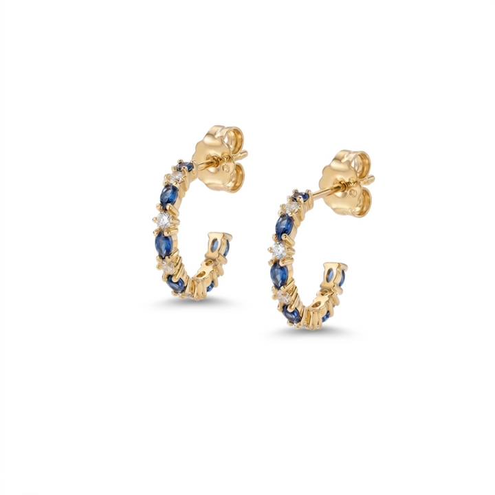 Small gold hoop earrings with blue stones in 925 sterling silver, lightweight earrings for sensitive ears