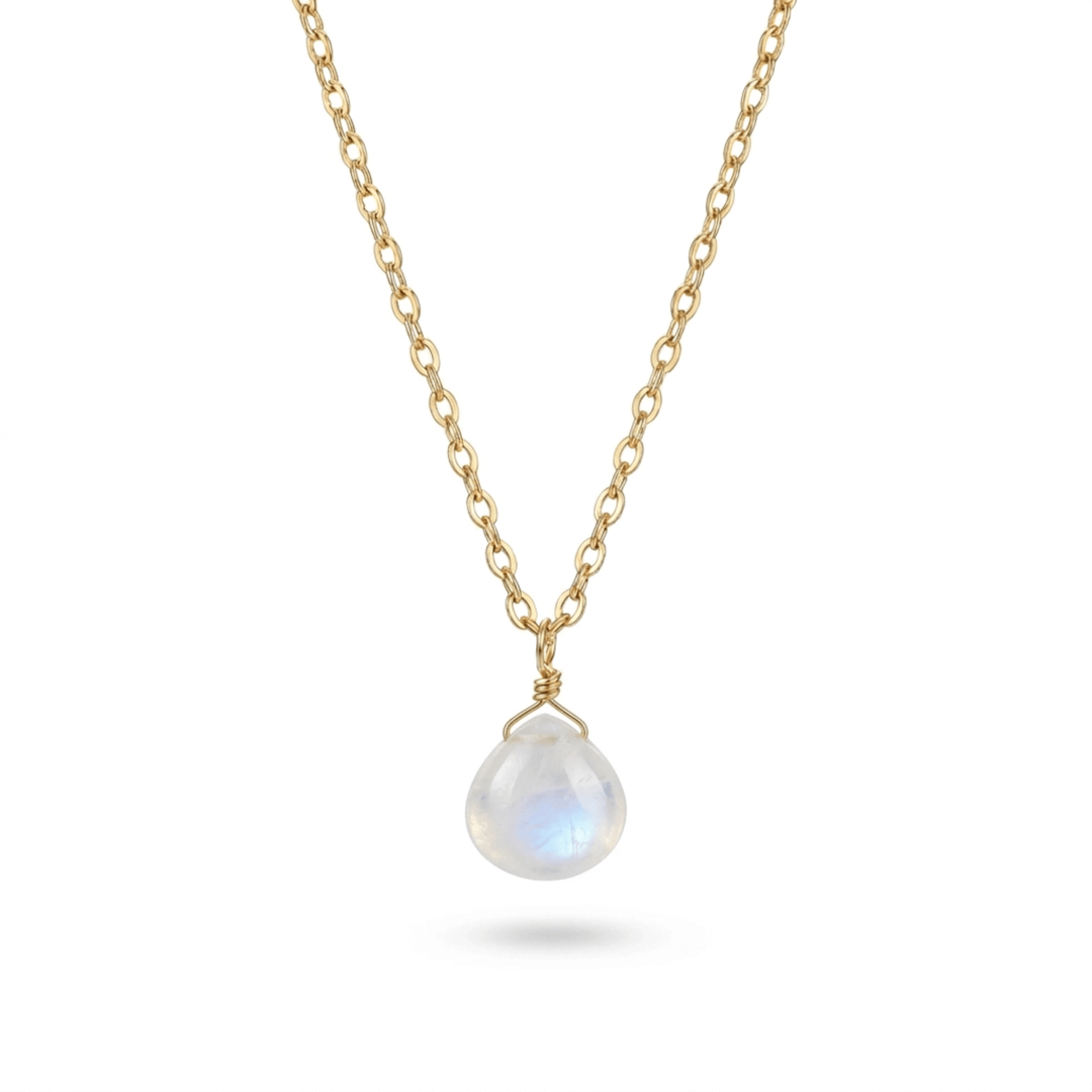 Gold stainless steel necklace with moonstone drop pendant, waterproof chain, order hypoallergenic jewellery online