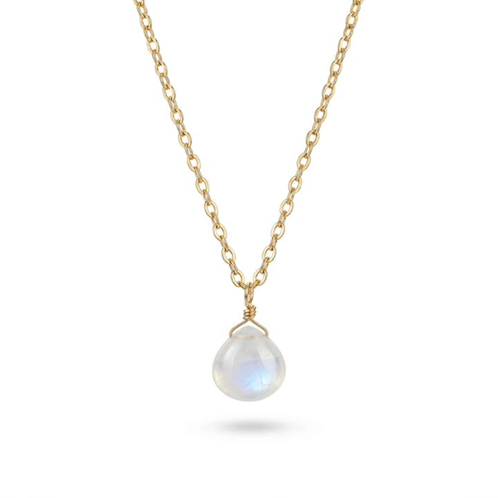 Gold stainless steel necklace with moonstone drop pendant, waterproof chain, order hypoallergenic jewellery online