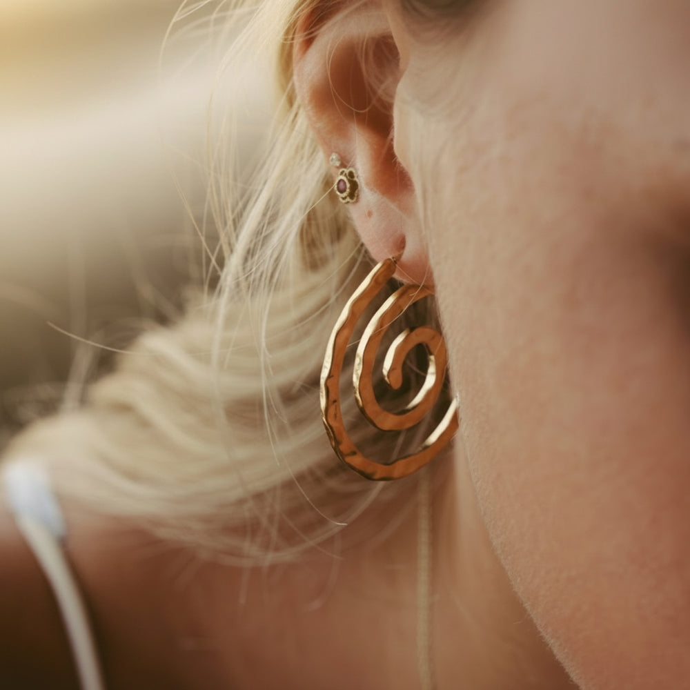 Gold ear stack, stainless steel jewelry on a young woman with blonde hair, beautiful jewelry from Alicia's Diary