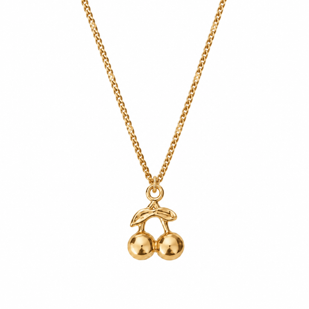 Goldene Halskette aus Edelstahl mit dreidimensionalem Kirschanhänger, Kette mit Frucht und Obst, Kirsch Schmuck für junge Frauen, Teenager und Kinder
