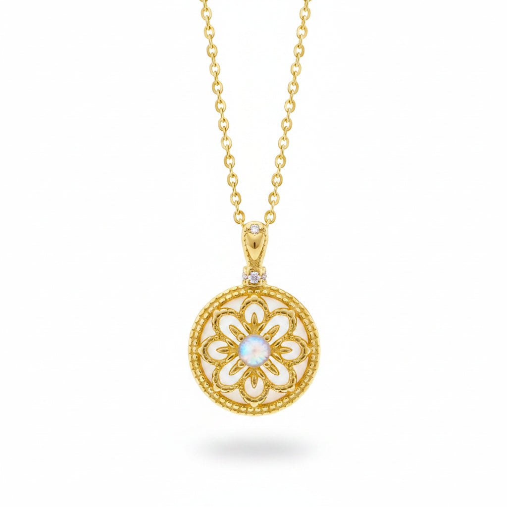 Goldene Halskette mit auswendigem Anhänger mit Opal, Zirkon, Blumen Mandala und Perlmutt, Schmuck für junge Frauen