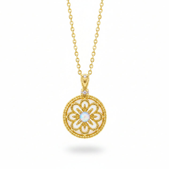 Goldene Halskette mit auswendigem Anhänger mit Opal, Zirkon, Blumen Mandala und Perlmutt, Schmuck für junge Frauen