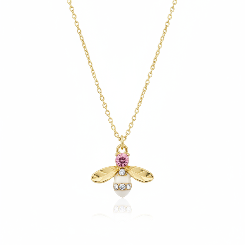 Goldene Halskette mit Insekt, Honigbiene, Biene, rosa Kristall, Glitzerkette für Mädchen, Kinderschmuck von Alicia&