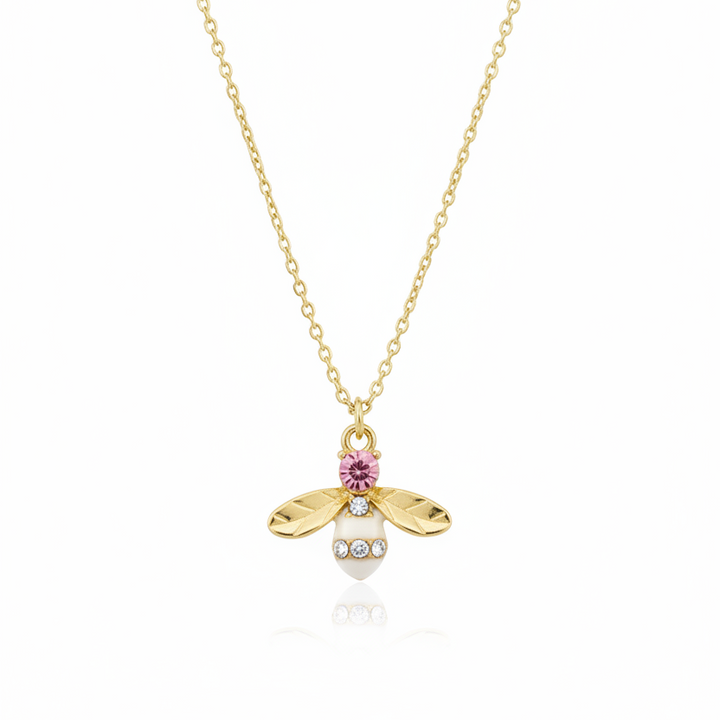 Goldene Halskette mit Insekt, Honigbiene, Biene, rosa Kristall, Glitzerkette für Mädchen, Kinderschmuck von Alicia&