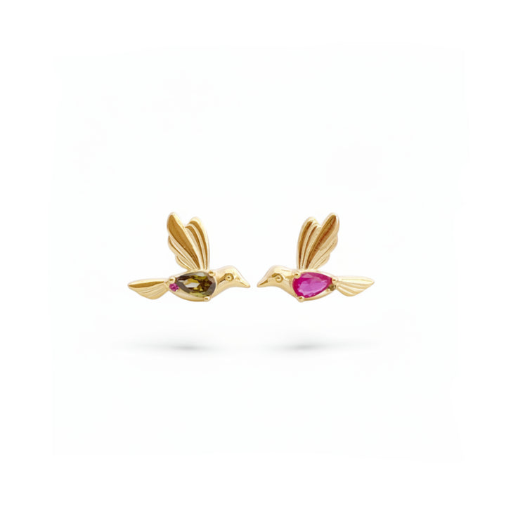 Goldene Statement Ohrstecker mit Kolibri Vögeln und grünen und pinken Steinen asymmetrische Ohrringe aus 925 Silber, antiallergischer Schmuck