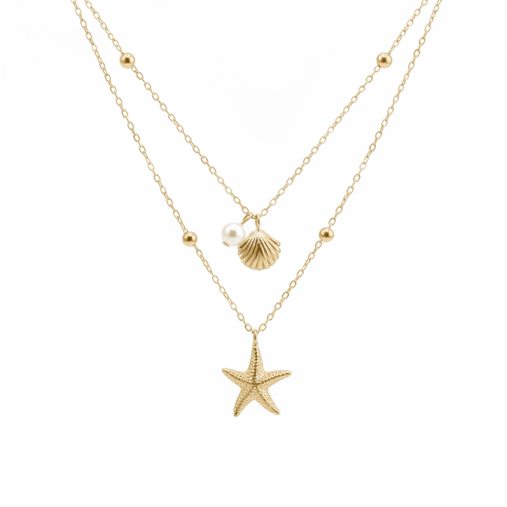 Doppelte Halskette aus Edelstahl mit Meeres Anhängern, Seestern, Muschel und Perle, wasserfester Schmuck von Alicia&