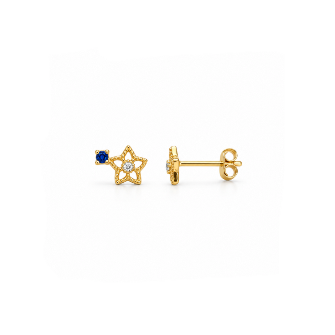 Sternchen Ohrstecker Gold mit blauem Stein, Sternchen Ohrringe Gold, Ohrstecker Gold klein mit Stein, Stern Ohrringe Stecker