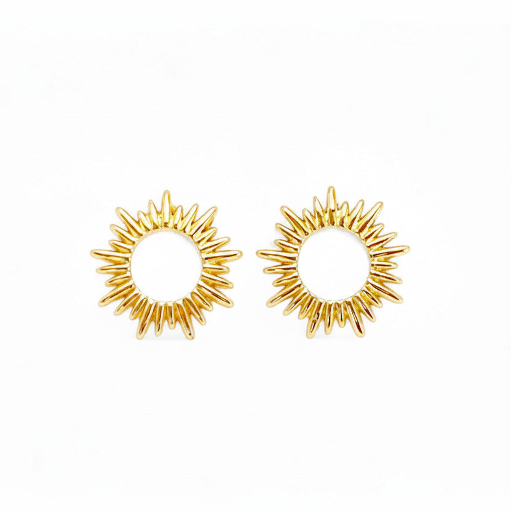 Minimalist golden sunburst stud earrings made of skin-friendly 925 sterling silver by Alicia's Diary