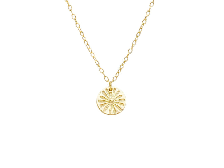 Goldene Sonnenkette mit kleiner Münze, frontal fotografiert