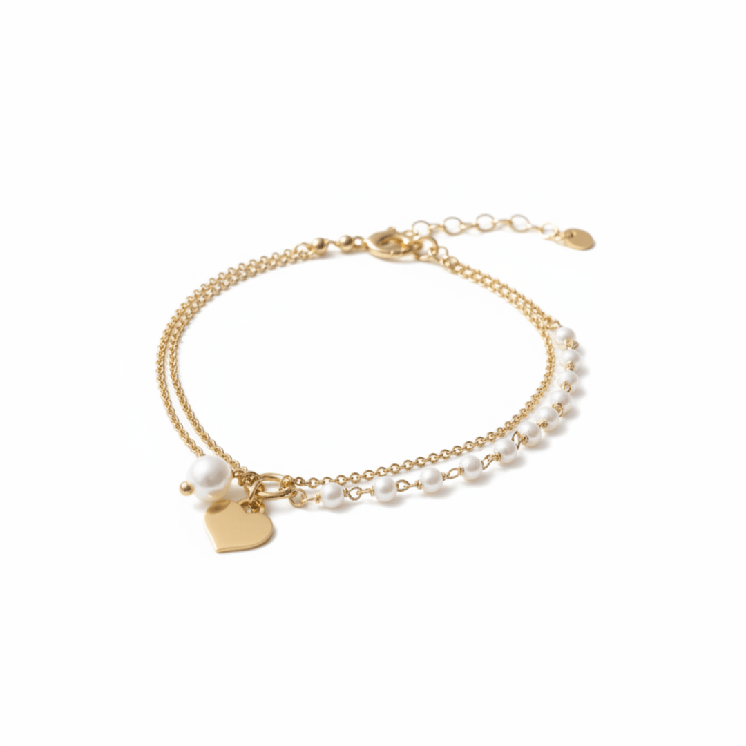 Goldenes mehrreihiges Armband mit Herz-Anhänger und Perlen aus 925 Silber, Schmuck für Frau, Freundin, Hochzeit, Geburtstag
