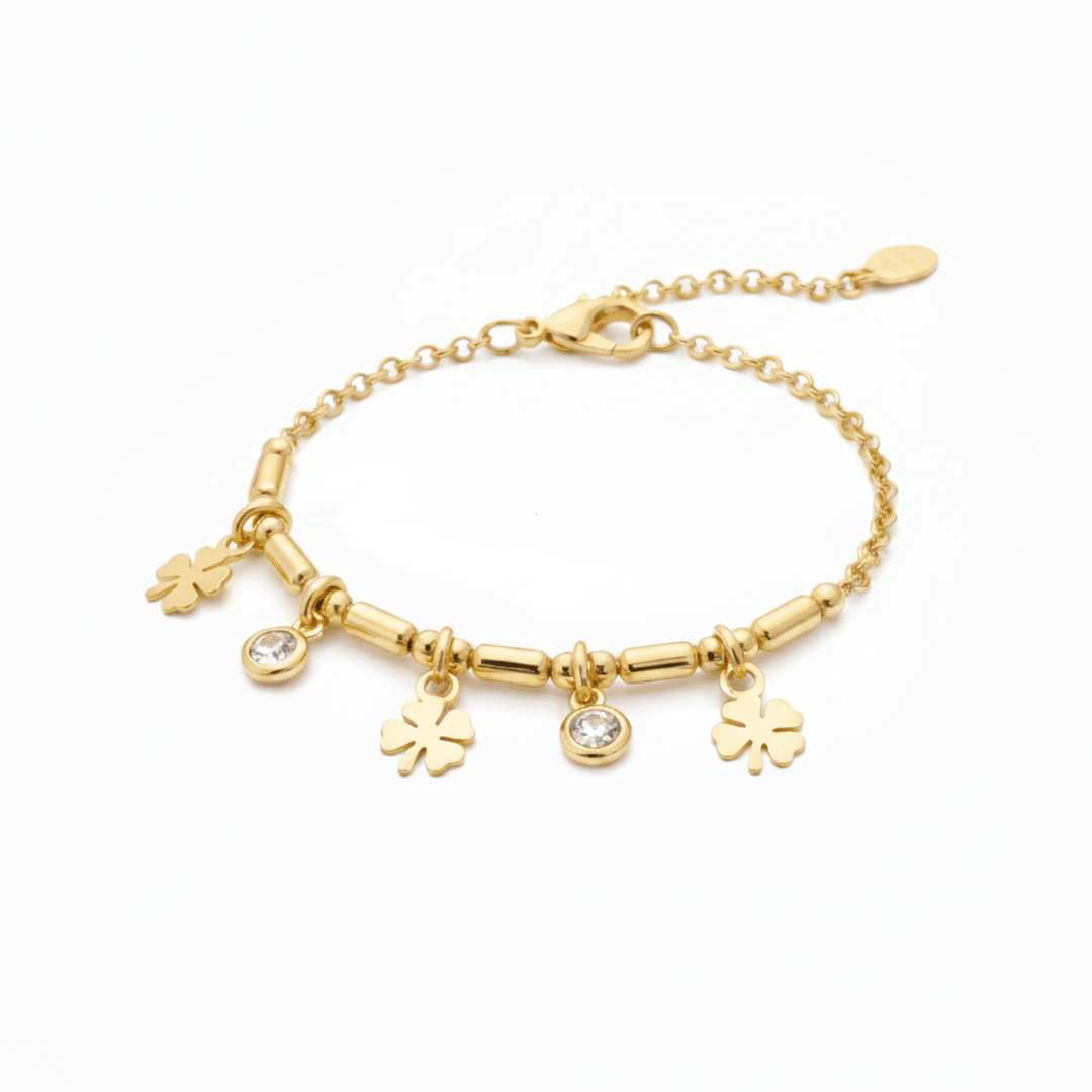 Goldenes Armband mit Kleeblatt Anhängern und Strass aus 925 Sterlingsilber, Schmuck der nicht anläuft