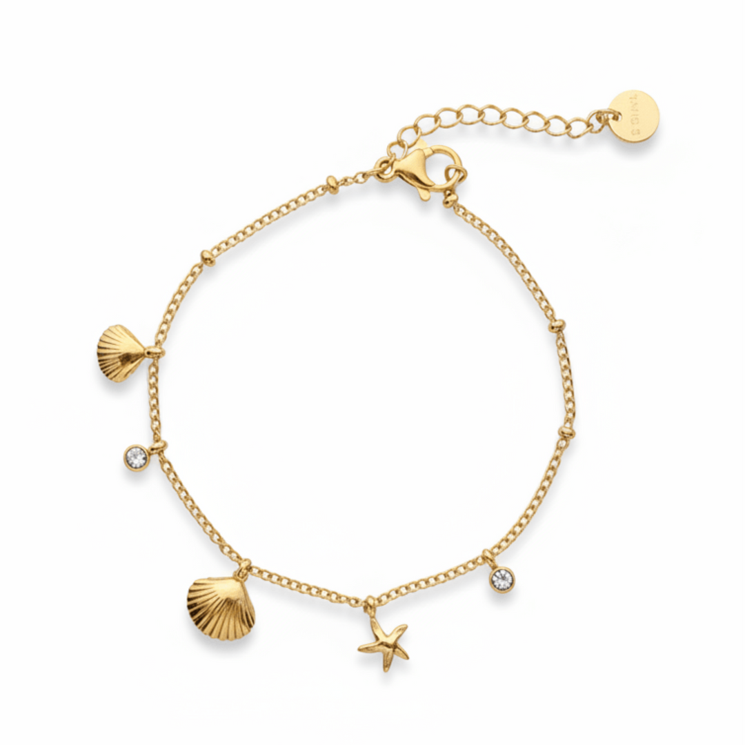 Goldenes Edelstahl Armband mit Muscheln und Seestern, Glitzer Armband Beach Girl, wasserfester Schmuck 