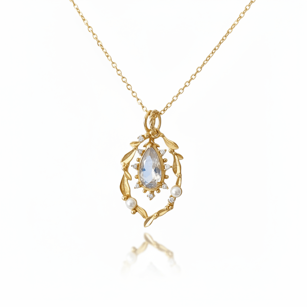 Goldene Halskette aus 925 Sterlingsilver mit Süßwasserperlen, Lorbeeren und großem Kristall, romantischer Vintage Schmuck für Frauen