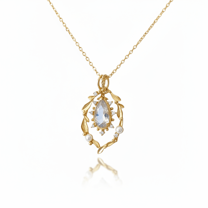 Goldene Halskette aus 925 Sterlingsilver mit Süßwasserperlen, Lorbeeren und großem Kristall, romantischer Vintage Schmuck für Frauen