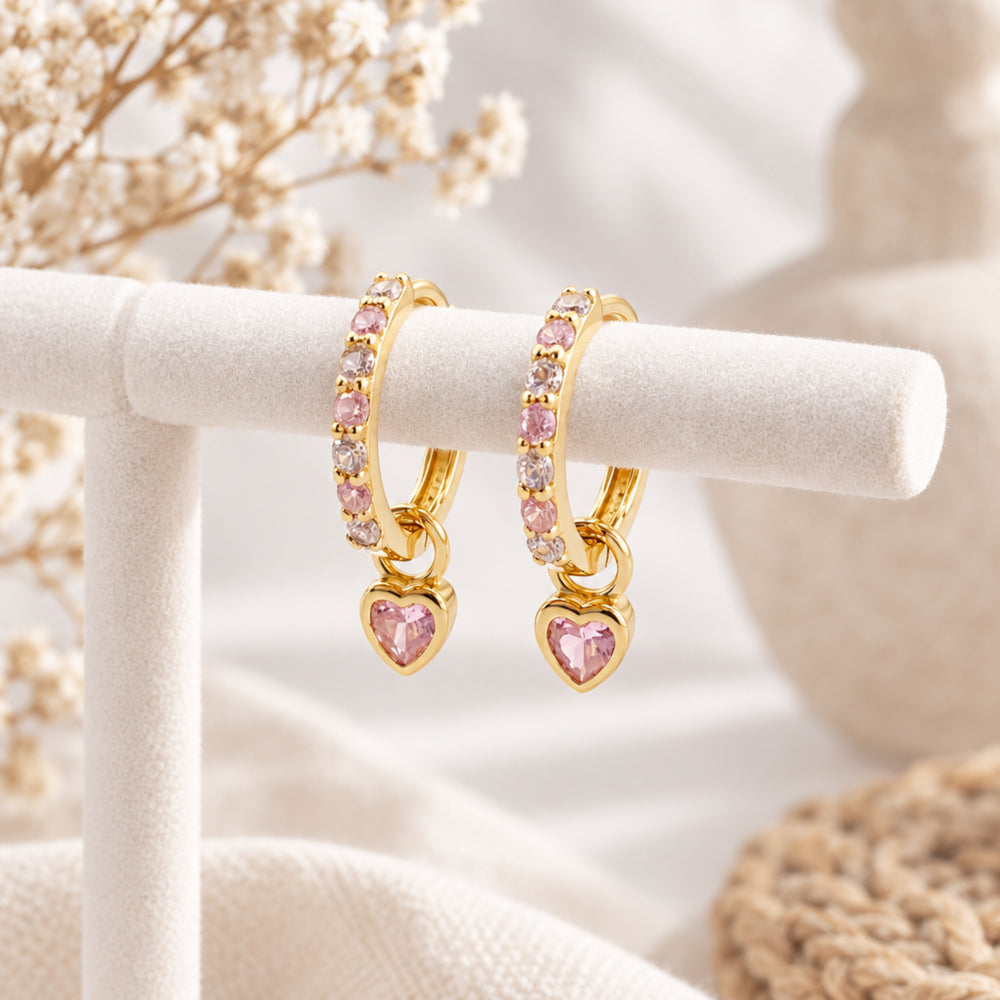 Mädchen Ohrringe mit Herzen, Creolen mit rosa Kristall Anhängern, Glitzer Ohrringe für Kinder, guter schöner Kinderschmuck