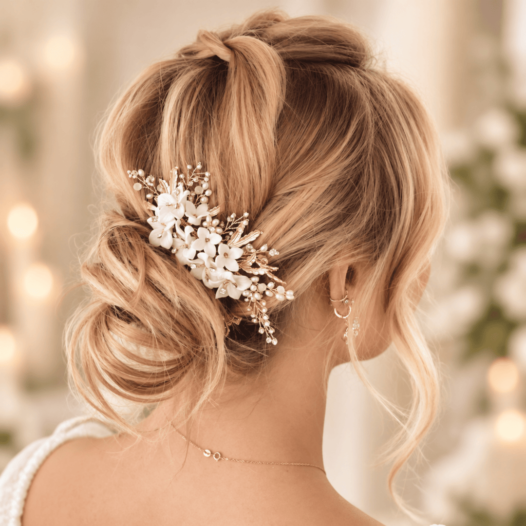 Blumen Brauthaarkamm Aurelie getragen in einer eleganten Hochsteckfrisur