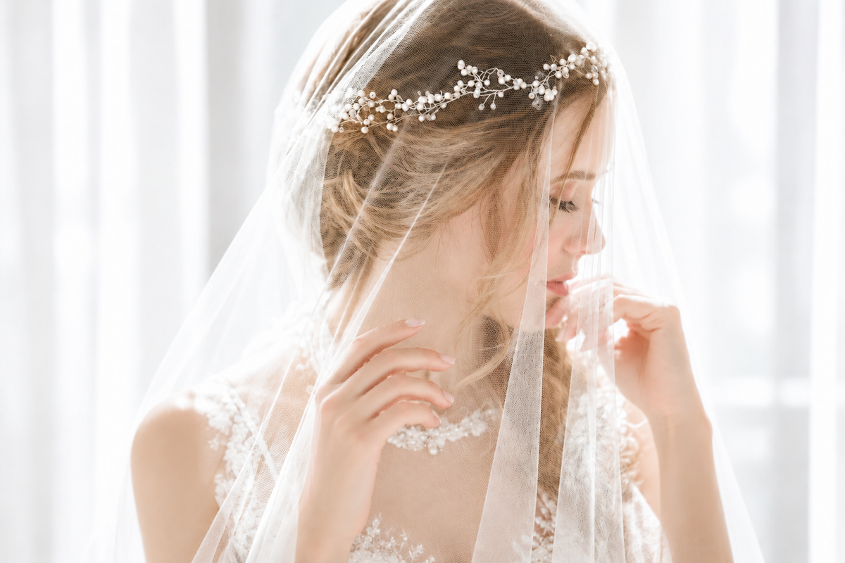 Brautschmuck an Braut mit Schleier