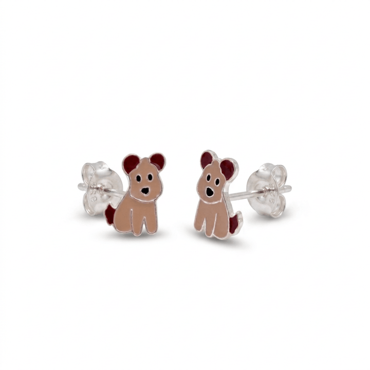 Stud earring with brown dog in 925 silver and enamel, hypoallergenic animal motif earrings for girls
