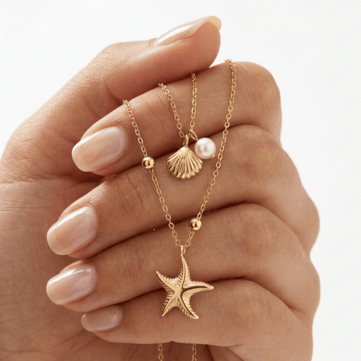 Goldene Halskette mit Seestern und Muschel und Perle aus Edelstahl, Beach Girl Style Inspo, Ocean Kette von