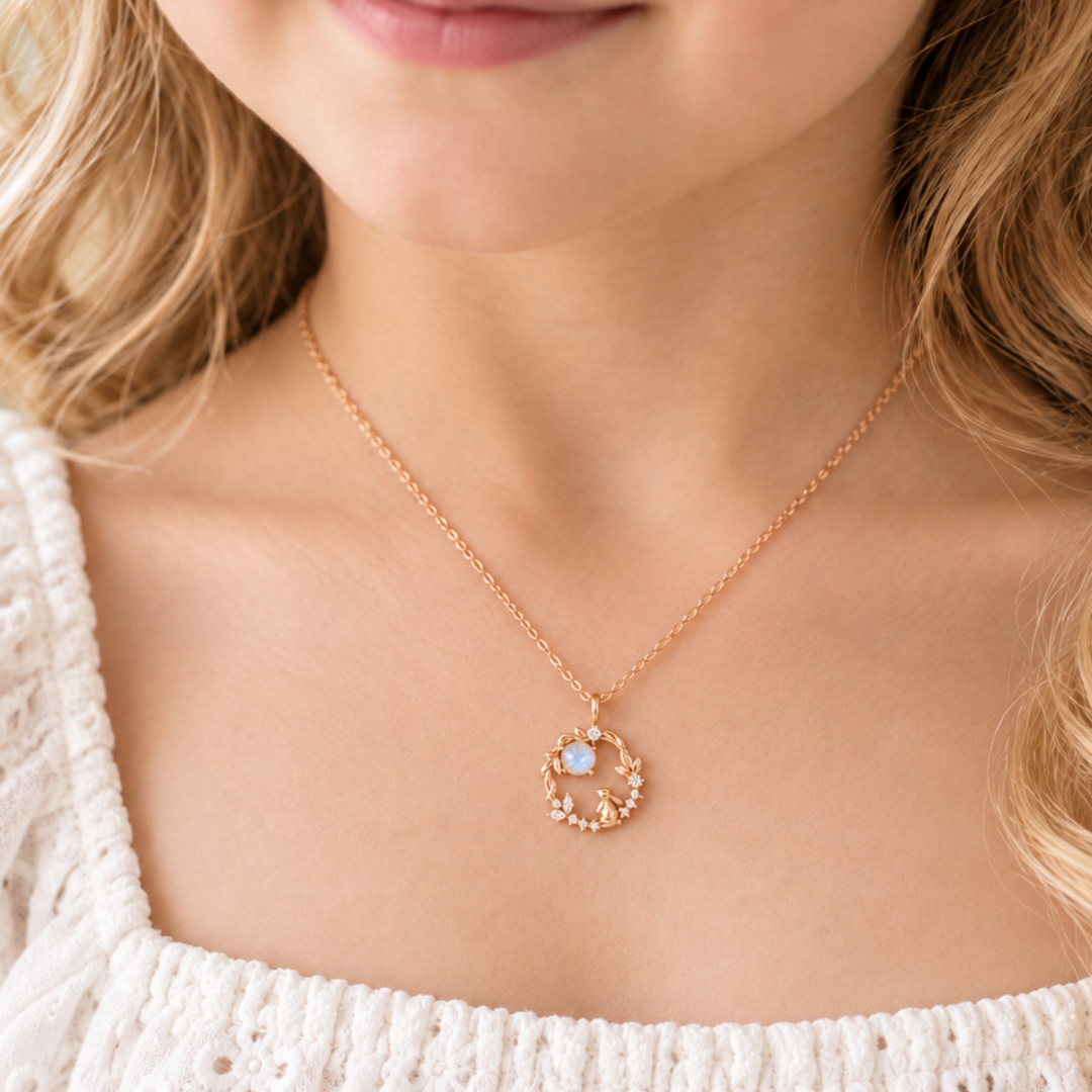 Collier antiallergique plaqué or rose avec lune et lapin, bijou enfant de qualité par Alicia&