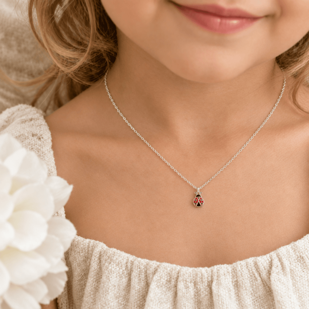 Marienkäfer Halskette aus echtem Silber, hypoallergener Kinderschmuck aus 925 Sterlingsilber