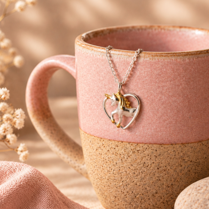 Echte Silberkette mit Einhorn Charm und Herz Anhänger, bicolor Kinderschmuck, wasserfeste hypoallergene Halskette für Mädchen online bestellen