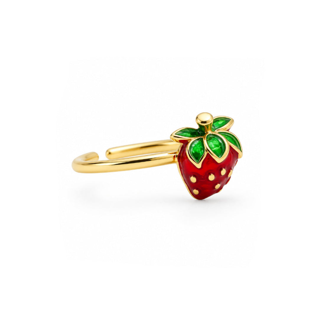 Erdbeer Ring für Kinder , größenverstellbar, aus vergoldetem Messing, süßer Kinderschmuck für kleine Mädchen, Schmuck Geschenk Idee Kinder Einschulung Geburtstag