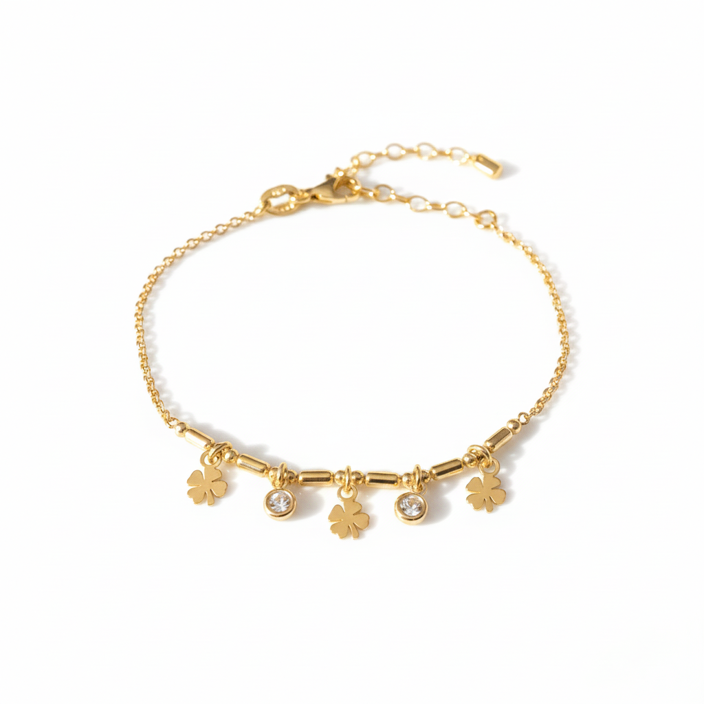 Goldenes Armband mit Kleeblatt Anhängern und Steinen aus Silber 925, wasserfestes Gold Armband, Schmuck der nicht anläuft