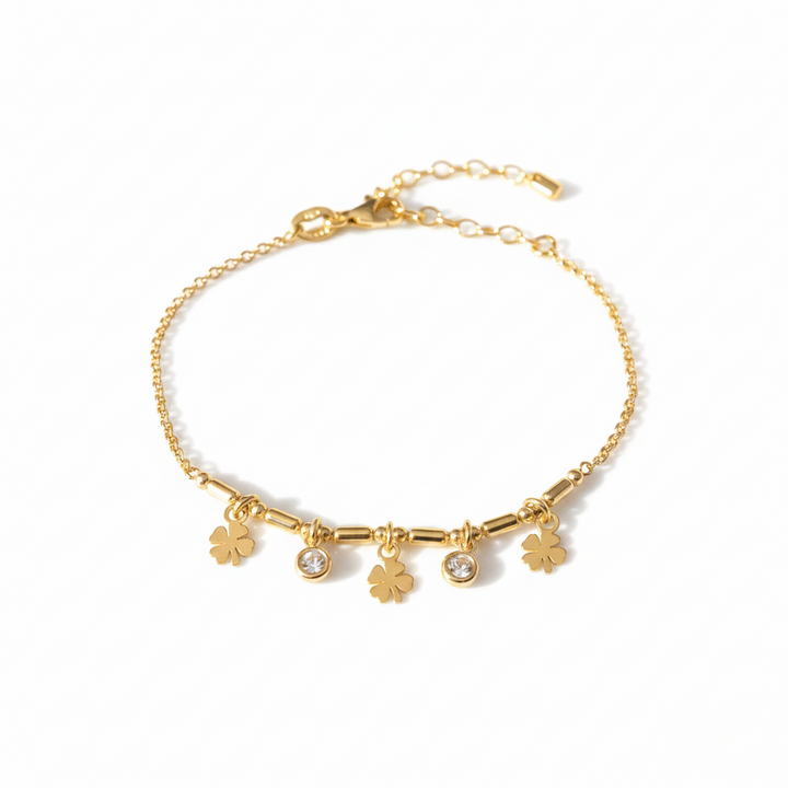 Goldenes Armband mit Kleeblatt Anhängern und Steinen aus Silber 925, wasserfestes Gold Armband, Schmuck der nicht anläuft