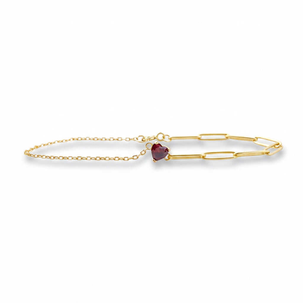 Goldenes Armband mit rotem Herz aus 925 Silber, Paperclip Armkettchen, feines Arm Stacking Bracelet gold