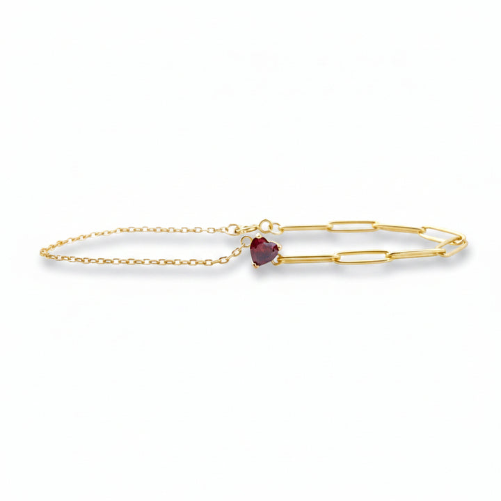 Goldenes Armband mit rotem Herz aus 925 Silber, Paperclip Armkettchen, feines Arm Stacking Bracelet gold