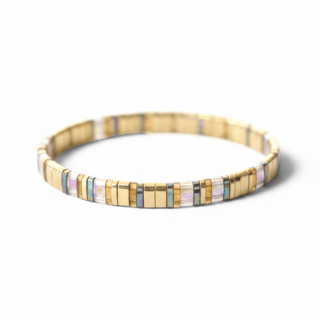 Buntes Perlen Armband mit flachen Lampwork Perlen, changierende Perlen, goldene Glasperlen, besonderer Schmuck für junge Frauen