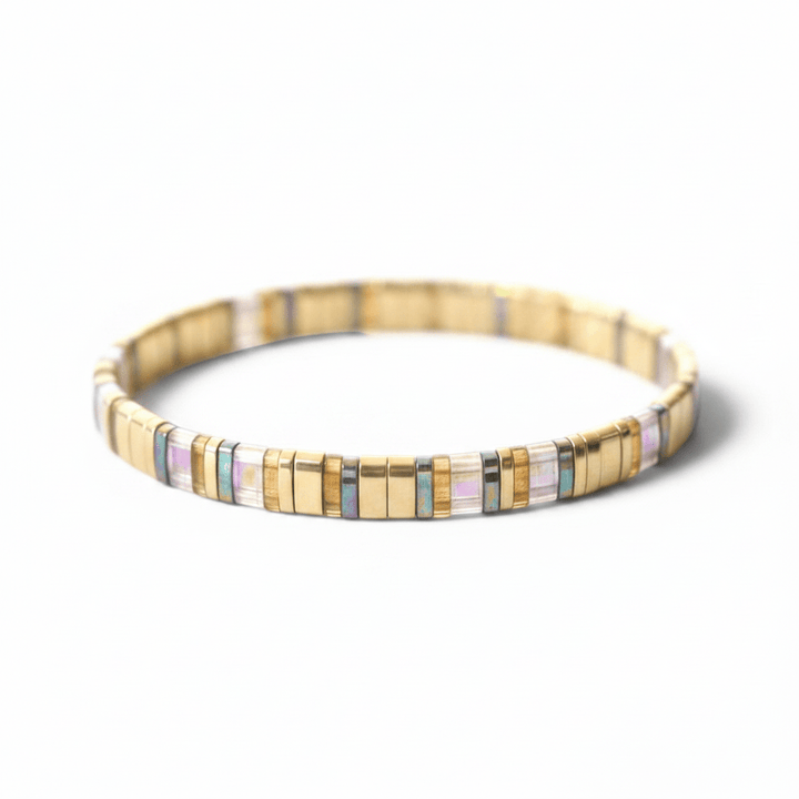 Buntes Perlen Armband mit flachen Lampwork Perlen, changierende Perlen, goldene Glasperlen, besonderer Schmuck für junge Frauen