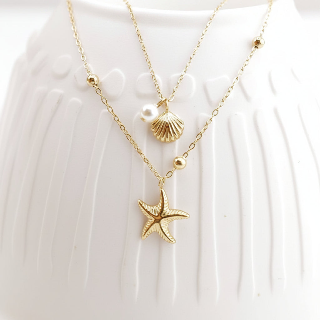 Goldene Halskette mit Seestern und Muschel und Perle aus Edelstahl, Ocean Kette von Alicia&