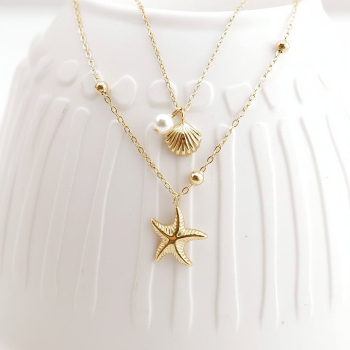 Goldene Halskette mit Seestern und Muschel und Perle aus Edelstahl, Ocean Kette von Alicia&