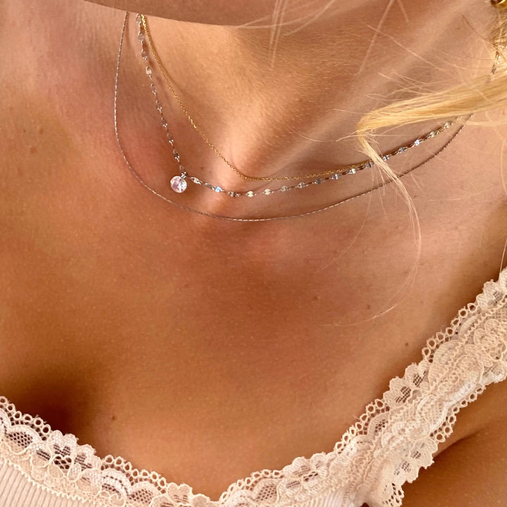 Silberne doppelte Halskette aus Edelstahl mit kleinem Diamant-Anhänger, wasserfester Schmuck für junge Frauen und Teenager