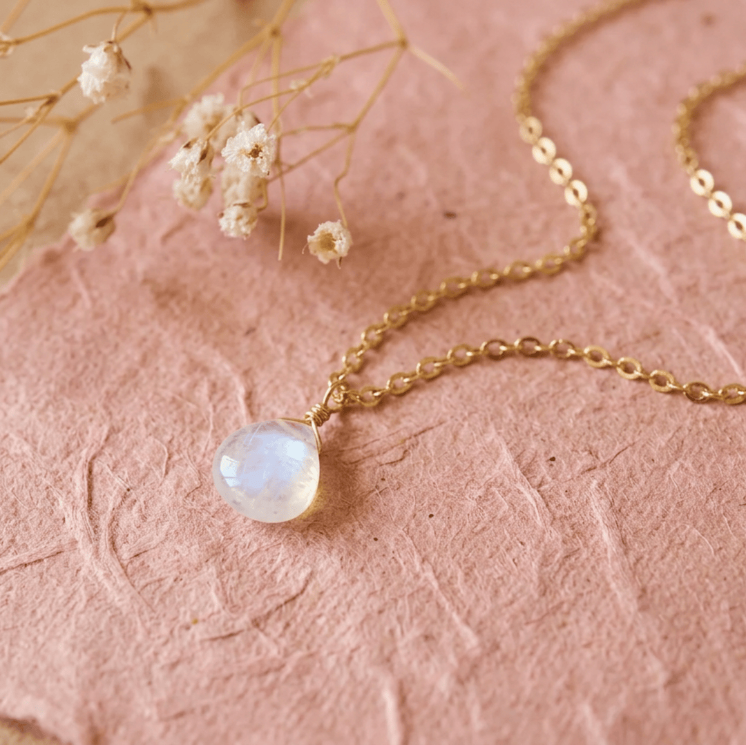 Gold necklace with shimmering moonstone drop, stainless steel moonstone jewellery, jewellery for young women