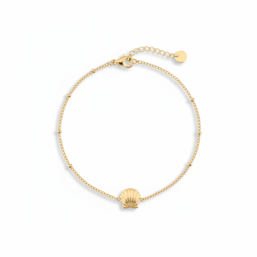 Goldenes Armband mit Muschel Perle, Jakobsmuschel Anhänger Charm aus hautverträglichem wasserdichtem Edelstahl