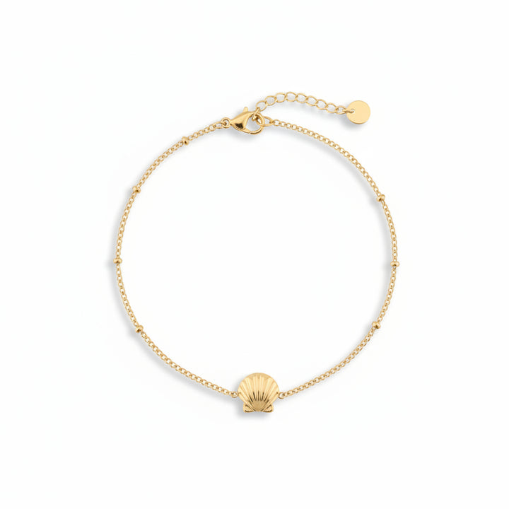 Goldenes Armband mit Muschel Perle, Jakobsmuschel Anhänger Charm aus hautverträglichem wasserdichtem Edelstahl