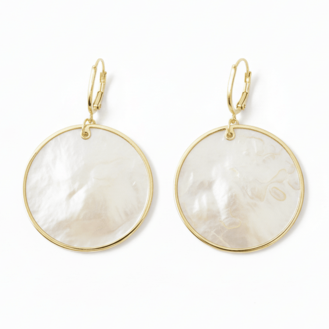 Perlmutt Ohrringe, Ohrhänger, Ohrringe mit Perlmuttscheiben, Schmuck mit echten Muscheln, moderne Ohrringe gold wasserfest